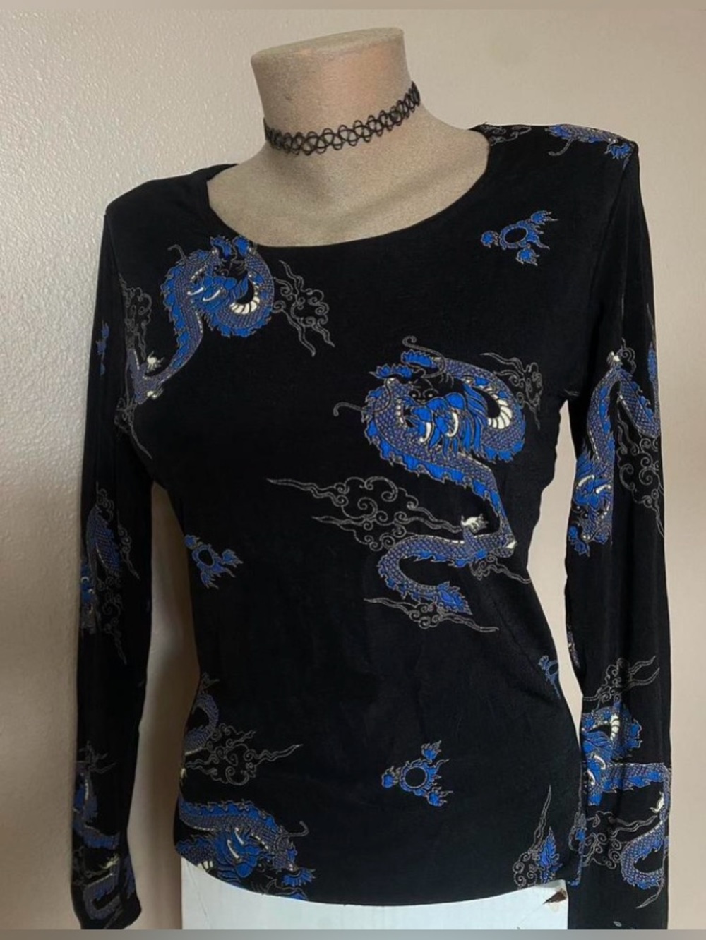 Y2k Grunge Black & Blue Dragon Long Sleeve Top